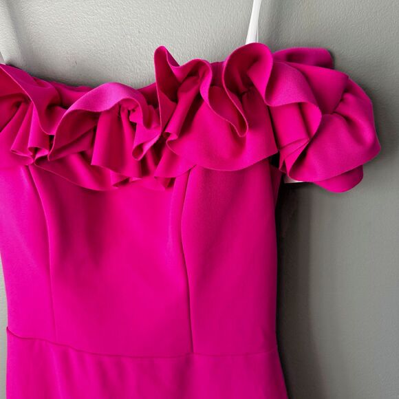 Nwt Aqua Formal Off the Shoulder Fuschia Ruffle Dress Womens Sz 4 Bloomingdales - Picture 2 of 5